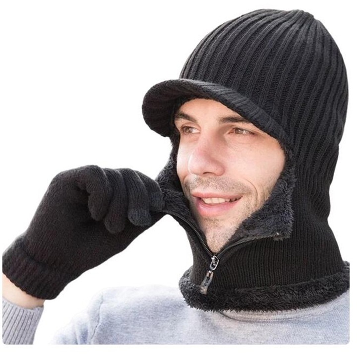 Set Caciula de barbati si Manusi, model cagula decupata la fata, cu prelungire la gat protectie tip fular, AllizBan, captuseala moale si pufoasa, marime universala, Negru