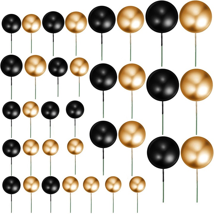 Комплект 66 топки, 5 размера, AllizBan, декорации за украса на торти и сладкиши, златист/черен