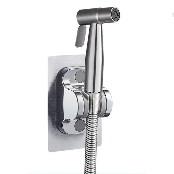 Хигиеничен душ комплект за интимна хигиена, смесител за биде и WC, AllizBan, неръждаема стомана, маркуч + кран + закачалки, регулируемо налягане, сребро