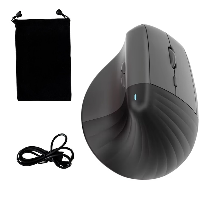Mouse Vertical Ergonomic, Wireless 2.4G, Bluetooth, Reincarcabil, Negru, Design Modern, Calitate Premium