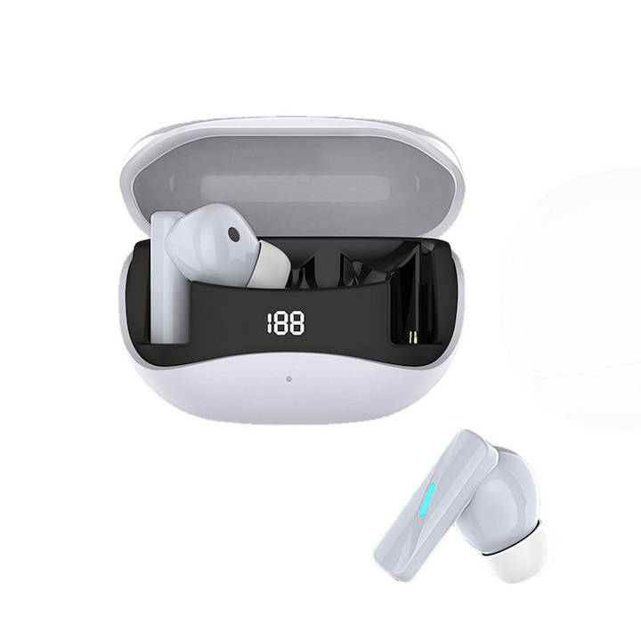 Casti bluetooth 5.0, WTO®, afisaj led, controlate prin atingere, power bank 400 mAh, raza de actiune 10 m, incarcare prin carcasa sau cablu micro-USB, negre