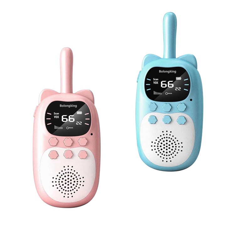 2 Walkie Talkie állomás gyerekeknek, Bolongking, antenna és zseblámpa, hatótáv 3 km, VOX funkció, ABS, ajánlott életkor +3 év, kék/rózsaszín