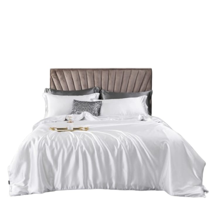 Set de Pat din Satin, Alb, Patru Piese: Husa pentru Pilota, Asternut si 2 Fete de Perna, Ideal pentru Paturi de 180 x 200 cm