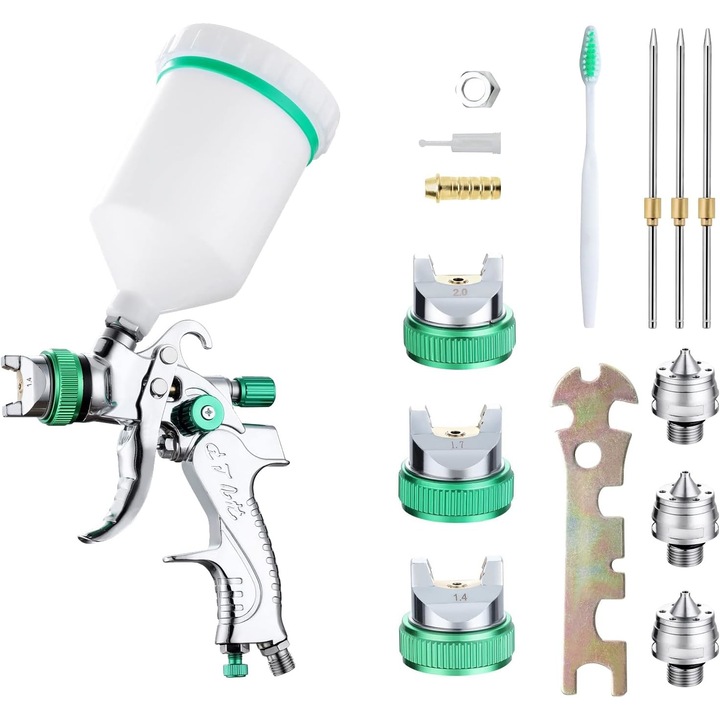 Set Pistol de Vopsit Universa, Latauar, cu 3x Duza 1.4 1.7 2.0 mm, Flux si Latime de Pulverizare Reglabile, Pentru Grunduri Auto, Pulverizarea Suprafetelor de Mobilier, Argintiu/Verde