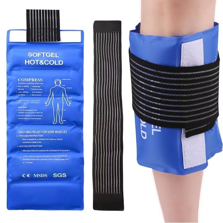 Pachete de gel cu gheata, SINBINTA, Utilizati atat cald cat si rece, Curea de confort reglabila, Pentru ameliorarea durerilor de dinti, a muschilor, a durerilor articulare sau a leziunilor, Nylon, 44.5 x 17.5cm, Albastru