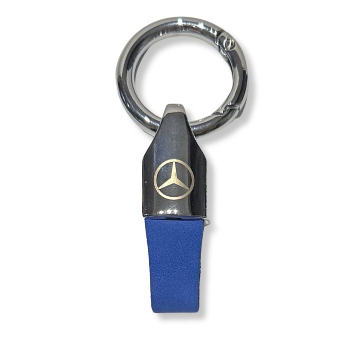 Ключодържател Mercedes-Benz от метал и велур, Гравирано лого, Сребристо-синьо