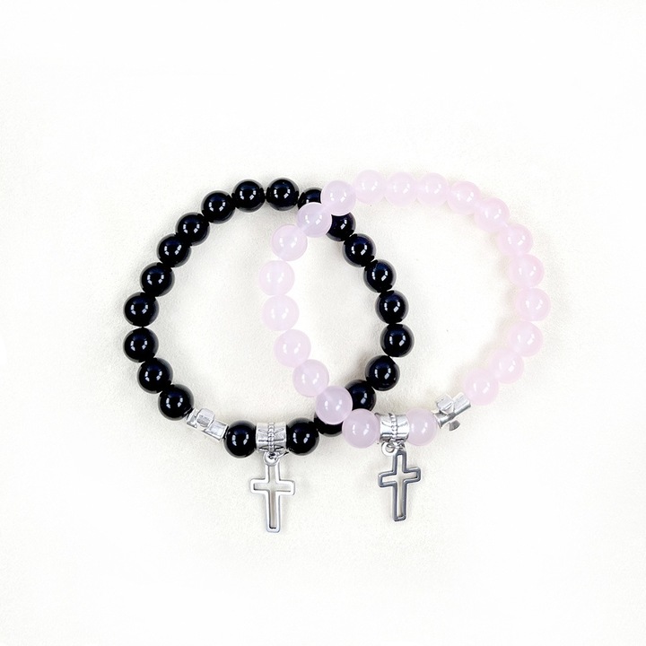 Set 2 bratari handmade, sticla, roz/negru, unisex