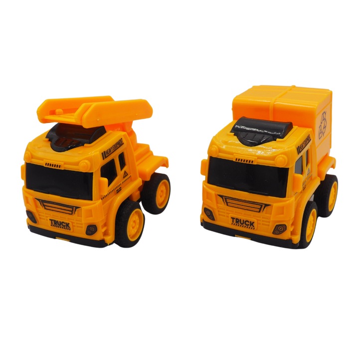 Set 2 camioane macara si salubritate, Onore, plastic, galben si negru, 8 x 5 cm, 2 functii: miscare componente si push-n-go