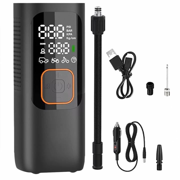 Compresor auto portabil 16V/7500mAh, Afisaj Digital LED, Wireless, Incarcator portabil Power Bank, 160 PSI, 11 BARI, 30L/min, USB Type-C, Pentru masina, bicicleta, motocicleta, mingi, cauciucuri, roti, Negru/Portocaliu