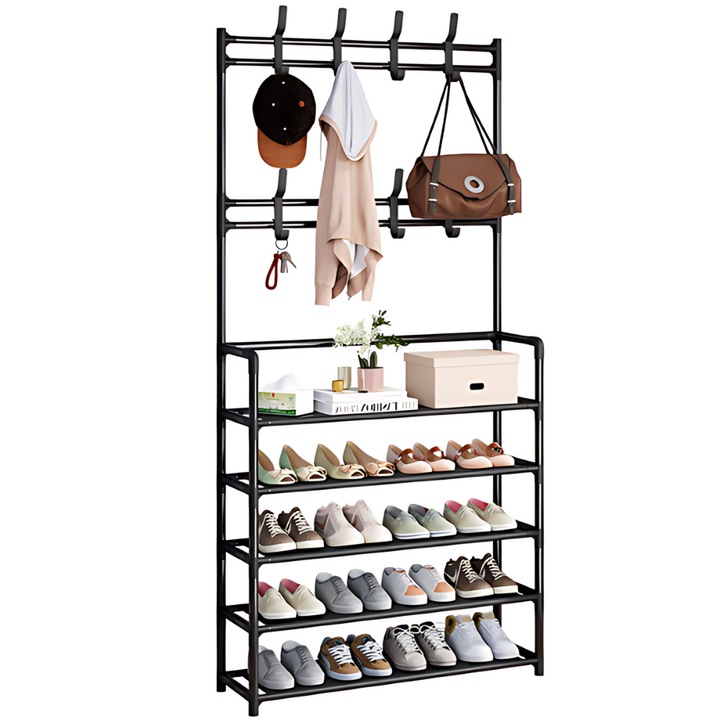 Cuier si pantofar 2 in 1, 8 agatatori, 5 rafturi, 80x26.5x171 cm, negru, pentru organizarea pantofilor si a hainelor, JOZY®