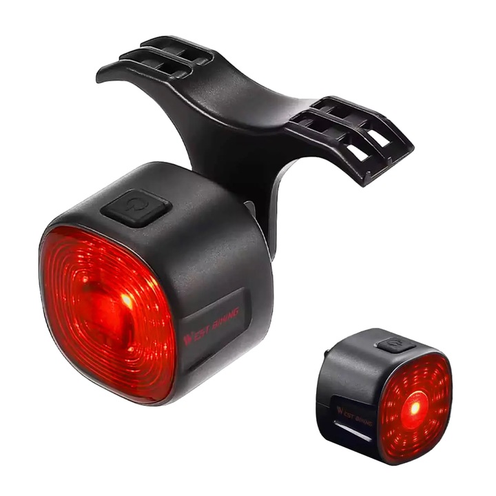 Intelligens kerékpármegálló fékérzékelővel, rezgéssel és világítással, 6 LED-es világítási mód, West Biking, USB töltés, akkumulátor önállóság max 60 óra, akkumulátorjelző, ABS műanyag, vízálló, univerzális, fekete