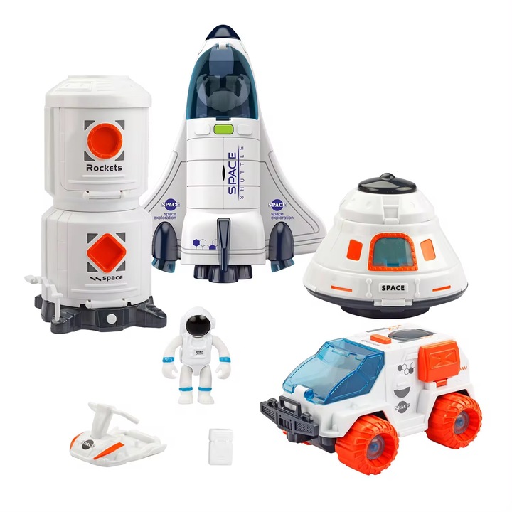 Игрален комплект 10 в 1 Super-Rocket Indiggo® Space Station със светлини и звуци, ракета, 3 фигури на астронавти, капсула за кацане, функционална кабина, кола, двигател, космически кораб, два кислородни резервоара, бял/оранжев