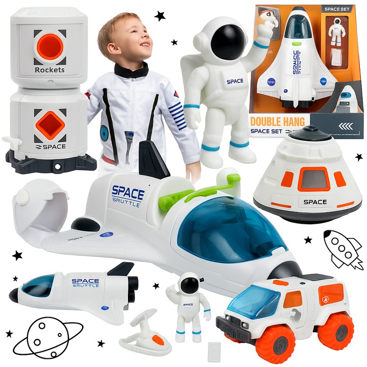 Set de Joaca 10in1 Statia Spatiala Super-Rocket Indiggo® cu Lumini si Sunete, Racheta, 3 Figurine Astronauti, Capsula de Aterizare, Cabina Functionala, Masina, Motor, Nava Spatiala, Doua Rezervoare Oxigen, White/Orange