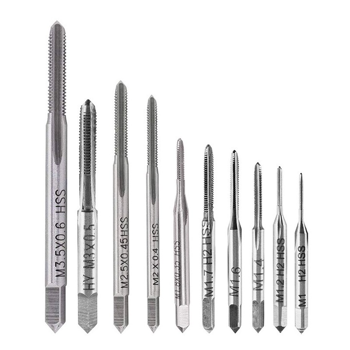 Set 10 piese Mini Robinete Manuale pentru Filetare, HSS6542, M1-M3.5, Argintiu