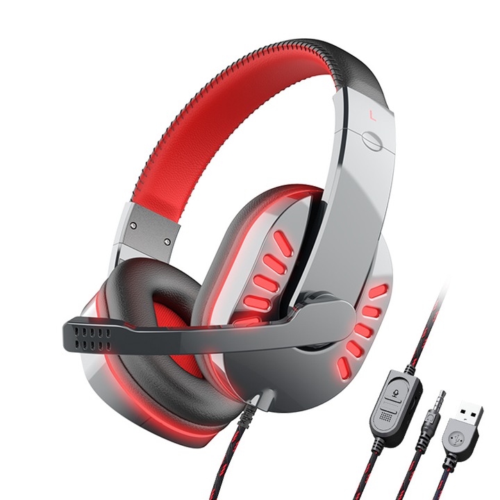 Casti Gaming cu fir, Rotire Microfon 120 Grade, Memory Foam, Rosu, 40mm, 1.8m
