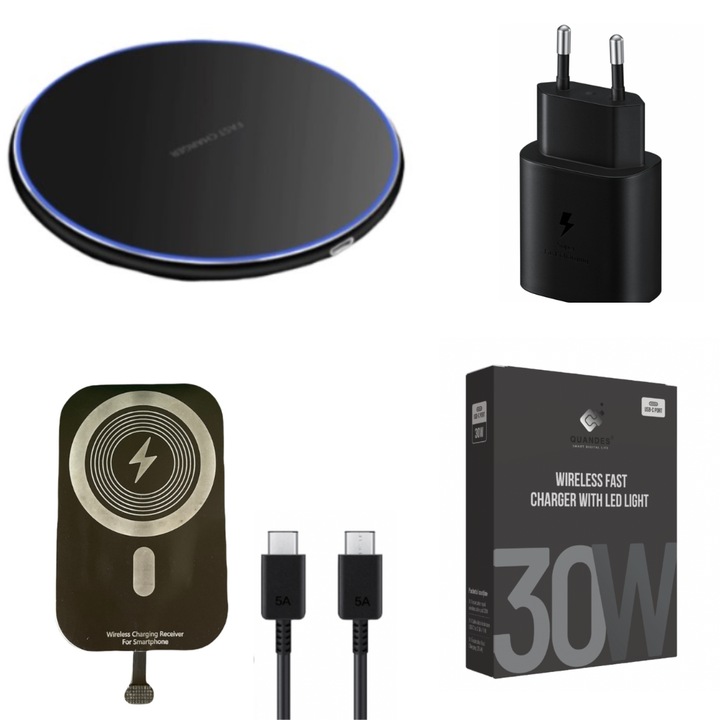 Set 4in1 Incarcator Wireless super Fast Charging 30W, Pad QI, 25W adaptor PD usb-c, Wireless receptor Typ-C 10w Fast, Universal, compatibil pentru Samsung, Huawei, oppo, Xiaomi, QUANDES®