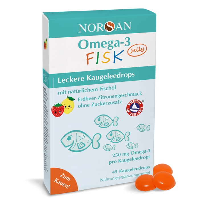 Suplimente alimentare copii, NORSAN Omega-3 FISK Jelly, 45 Jeleuri,250mg Omega 3, capsuni+lamaie, + 3ani, fara zahar
