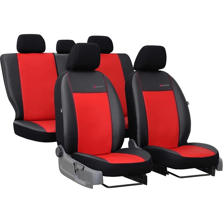 Set huse scaune auto, Pok-Ter Exclusive, Piele Ecologica Rosu, 11 piese, compatibile cu airbag