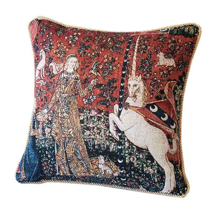 Jacquard párnahuzat, "Lady and the Unicorn", sokszínű, 45x45cm