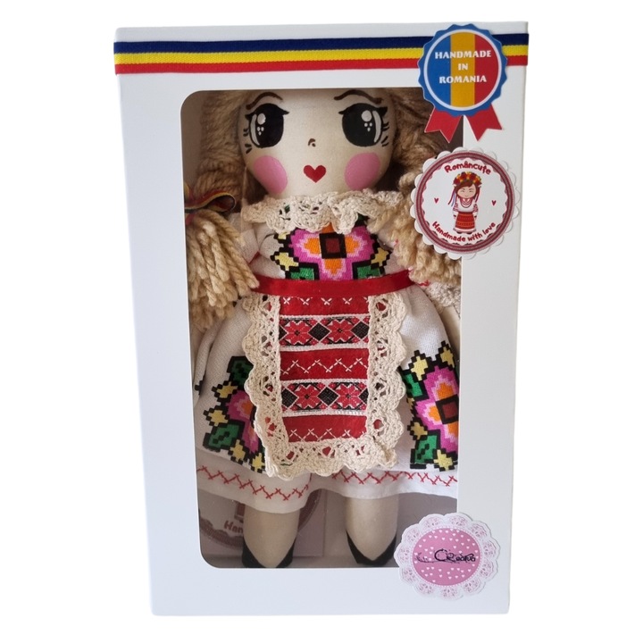 Papusa handmade traditionala romaneasca Romancuta, artizanat folcloric, blonda, suvenir, 22 cm, RO5_55