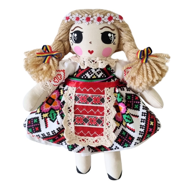 Papusa handmade traditionala romaneasca Romancuta, artizanat folcloric, blonda, suvenir, 22 cm, RO5_61