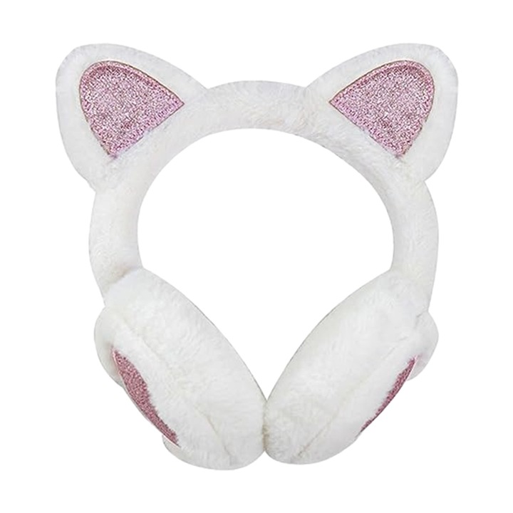 Női téli sapkák, puha macskafüles fülvédők, puha anyag, fehér/rózsaszín