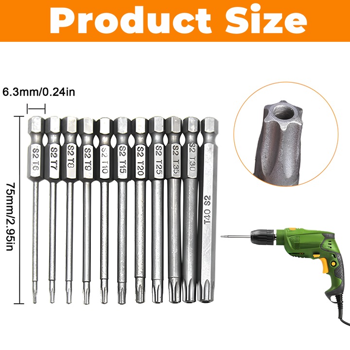 Set de biti Torx profesionali Enforose, 75mm, din otel S2, dimensiuni T6-T40, cu varf magnetic