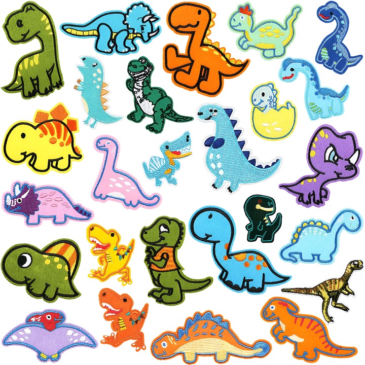 Set 26 patch-uri brodate cu tema de dinozauri, aplicabile prin cusut sau calcat, multicolor
