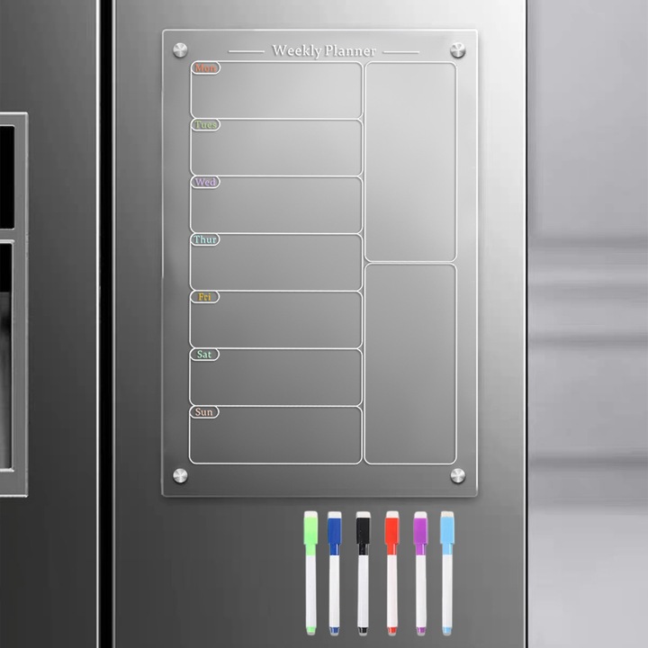 Calendar saptamanal magnetic din acril, transparent, 30x20cm, pentru frigider