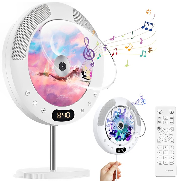 CD Player Portabil Multifunctional, BYONDSELF®, Doua Difuzoare, Capac Antipraf, Telecomanda, Bluetooth, Radio FM, Ecran LED, Alb