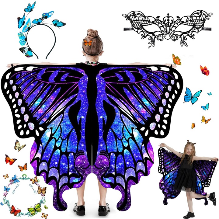 Set 3 costume copii, TopGearWorld®, Mantie fluture, Cu Masca si bentita fluture, 136*108 cm