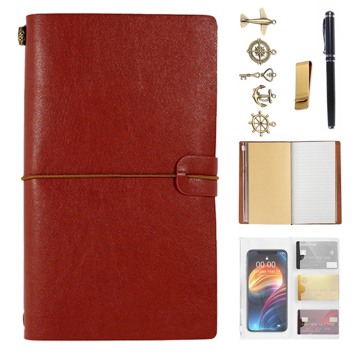 Set agenda/stilou retro, TopGearWorld®, A6, Coperta piele, 20x12 cm, Burgundy