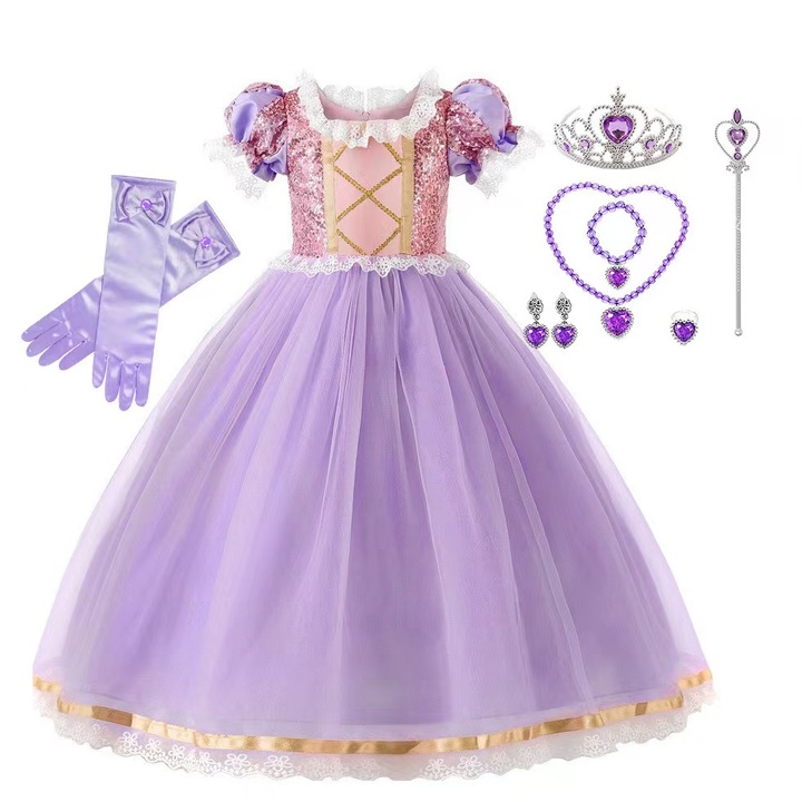 Farsangi jelmez Princess Rapunzel ruha gyerekeknek, koronával és kiegészítőkkel, ANUTETOUNI®, 3-4 év, 100-110 cm, rózsaszín / királyi lila