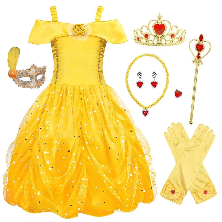 Карнавален костюм Рокля с пайети Disney Belle Princess, ANUTETOUNI, със 7 аксесоара, Памук/Полиестер, Жълта, 9-10 години, 130-140 см