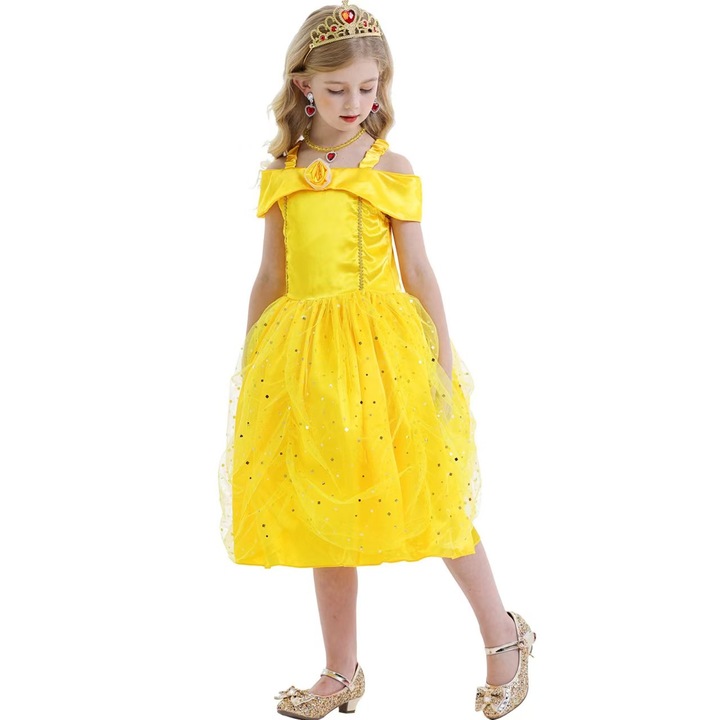 Costum carnaval Rochita cu paiete Rubies Disney Belle Princess, ANUTETOUNI®, cu 7 accesorii, Bumbac/Poliester, Galben, 2-3 ani, 90-100 cm