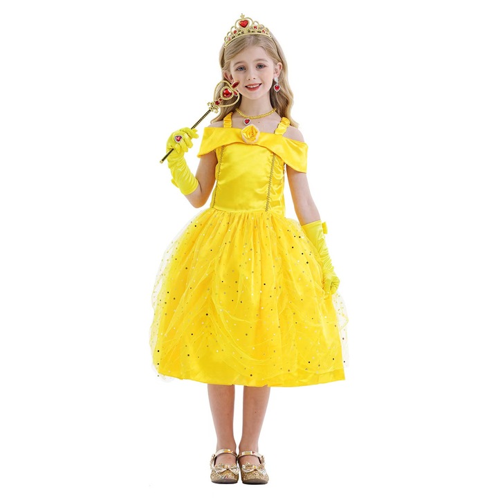 Costum carnaval Rochita cu paiete Rubies Disney Belle Princess, ANUTETOUNI®, cu 7 accesorii, Bumbac/Poliester, Galben, 9-10 ani, 130-140 cm