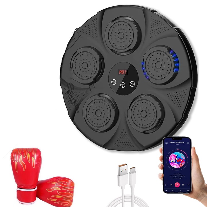 Cutie muzicala electronica, difuzor incorporat, conectivitate Bluetooth cu 9 moduri de viteza, iluminare cu LED pentru zona de greva, montat pe perete, antrenament de box si fitness, potrivit pentru copii si adulti, incarcare USB, negru