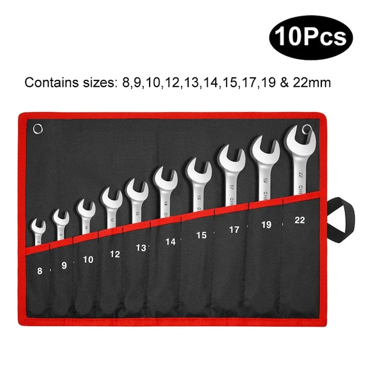 Set chei combinate cu clichet, MWAOWM, cap flexibil, 10 piese (8-22mm), crom vanadiu