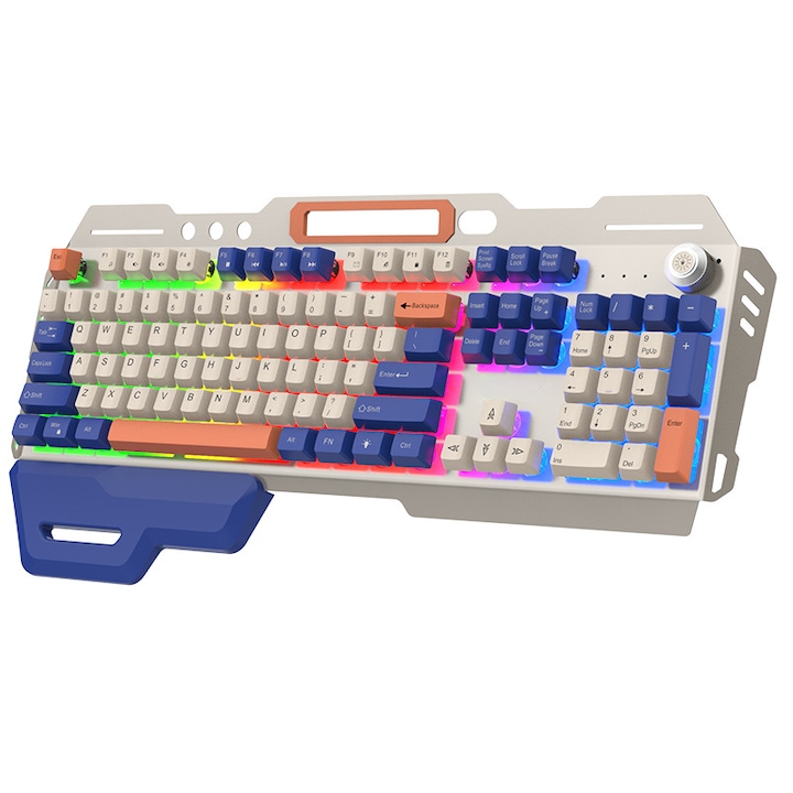 Tastatura cu suport rezistent la apa, functie de suport pentru telefonul mobil, suport confortabil pentru maini, buton de volum din metal, taste transparente de cristal care emit lumina