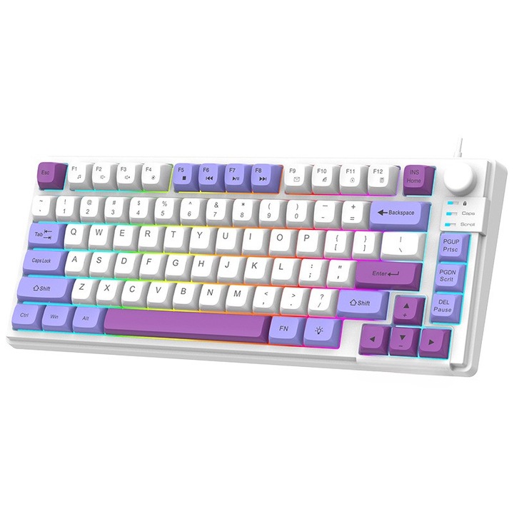 Tastatura, taste cu arhitectura de crater, culoare tripla eleganta, aspect minimalist cu 81 de taste, efecte de iluminare cool in culori mixte, buton de volum independent, suport reglabil
