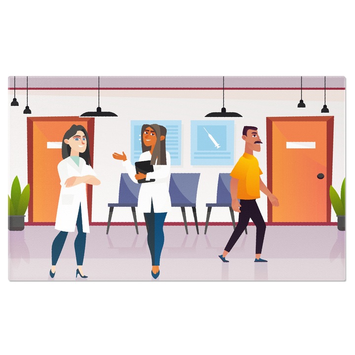 Tablou Canvas Holul Spitalului unde Doua Asistente in Halate Albe Vorbesc si un Pacient care trece Linistit 40x25CM