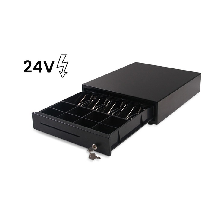 Чекмедже за пари, за касов апарат, 4 отделения за банкноти с резе, 8 за монети, 3-позиционно заключване, интерфейс RJ12, напрежение на бобината 24V, размери 405 x 350 x 90 mm, черно, HDWR, HD-KER35-24V