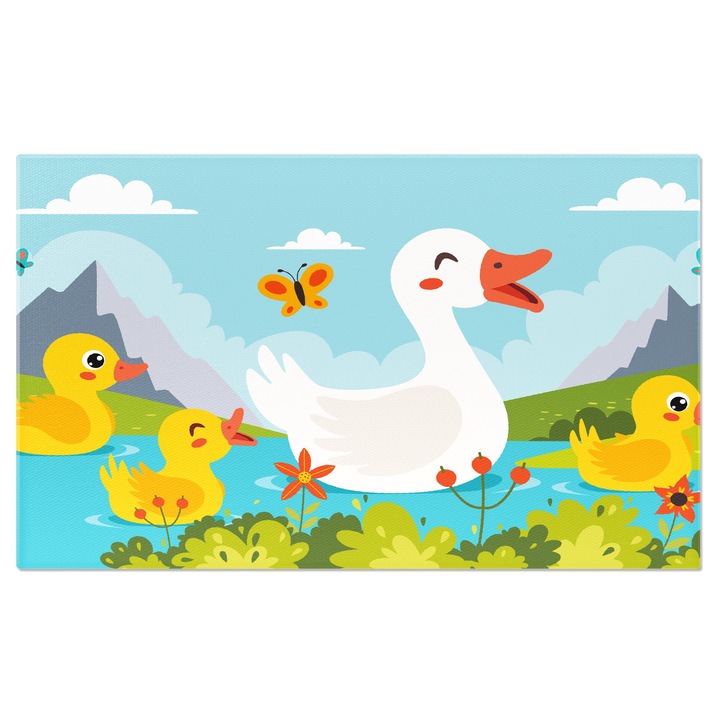 Картина на платно Патета на езерото, майка бяла патица до жълти патета с пеперуди 100x70CM