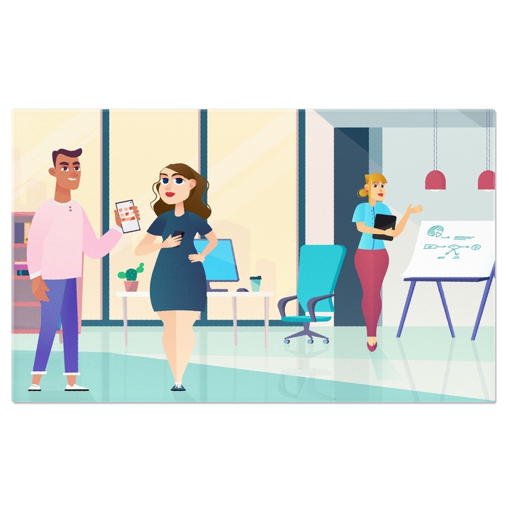 Tablou Canvas Femeie Blonda in Tricou Albastru Prezinta o Schita si Doi Colegi Femeie si Barbat care Trec pe Hol 40x25CM