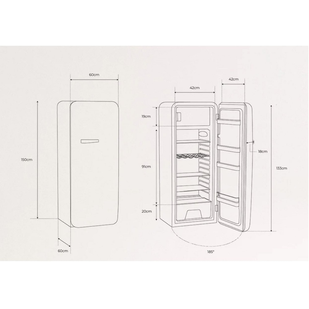 Frigider Retro CREATE, capacitate 281 litri, H 150 cm, congelator 21 litri, temperatura reglabila, 3 rafturi din sticla, 1 raft otel pentru sticle, 4 compartimente pe usa, compartiment fructe/legume, iluminare interioara, maner gold, negru
