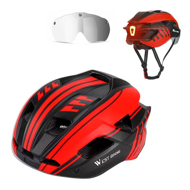Országúti és MTB kerékpáros bukósisak levehető mágneses napellenzővel, led figyelmeztető lámpával usb töltéssel, aerodinamikus, ultrakönnyű, szellőző csatornákkal, állítórendszerrel, L méret (57-62 cm), EPS+PC, West Biking, piros