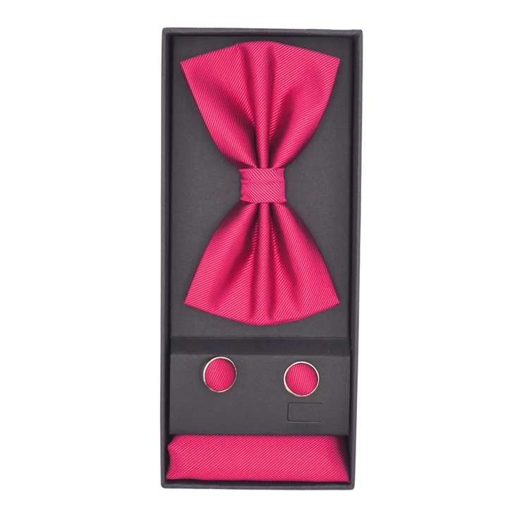 Set 1 x Papion clasic, Onore, rosu rubis, microfibra, 12 x 7 cm, model cu 3 pliuri, uni, liniar, 1 x Batista, Onore, rosu rubis, microfibra, 21.5 x 21.5 cm, model uni, liniar si 1 x Butoni, Onore, ros