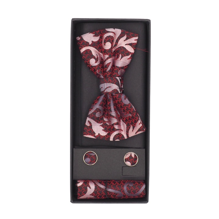 Set 1 x Papion clasic, Onore, rosu, argintiu si grena, microfibra, 12 x 7 cm, model cu 3 pliuri, uni, paisley, 1 x Batista, Onore, rosu, argintiu si grena, microfibra, 21.5 x 21.5 cm, model uni, paisl
