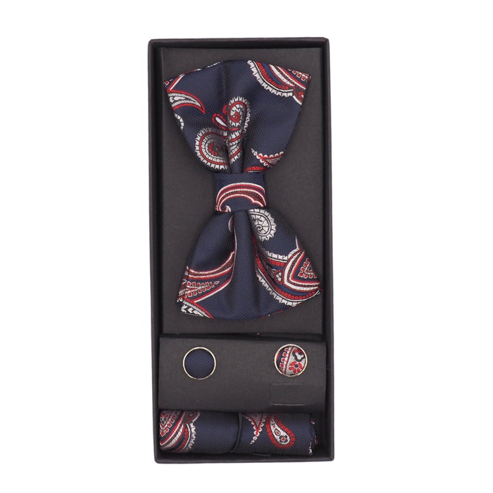 Set 1 x Papion clasic, Onore, bleumarin, argintiu si rosu, microfibra, 12 x 7 cm, model cu 3 pliuri, uni, paisley, 1 x Batista, Onore, bleumarin, argintiu si rosu, microfibra, 21.5 x 21.5 cm, model un