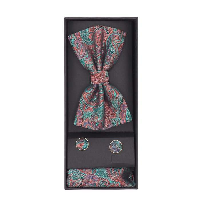 Set 1 x Papion clasic, Onore, verde, rosu si mov, microfibra, 12 x 7 cm, model cu 3 pliuri, uni, paisley, 1 x Batista, Onore, verde, rosu si mov, microfibra, 21.5 x 21.5 cm, model uni, paisley si 1 x Bu